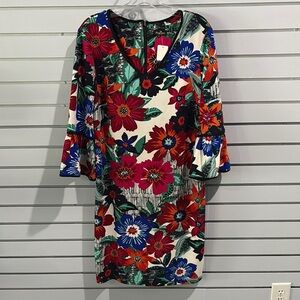 Red and Blue Sheath Dress with V-Neck and Bell Sleeves